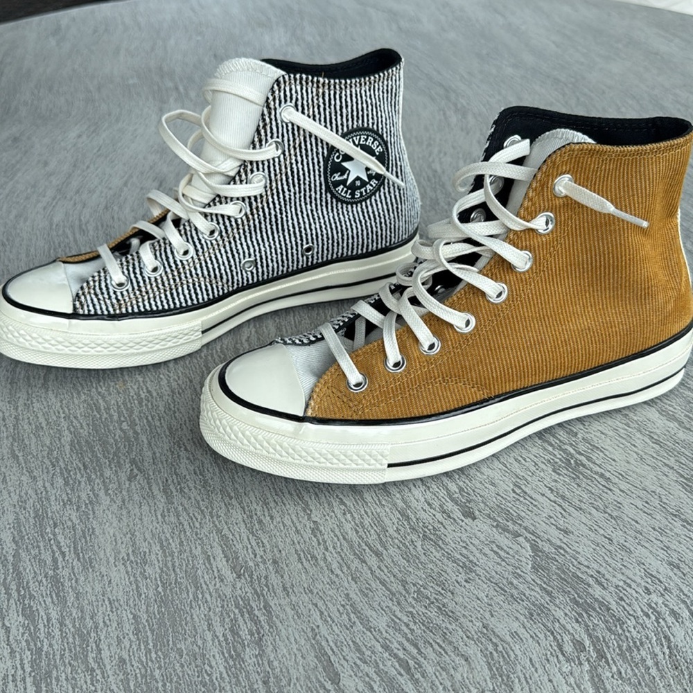 Converse Women's High-Top Sneakers in solid and stripe black, cream and brown - Picture 4 of 9